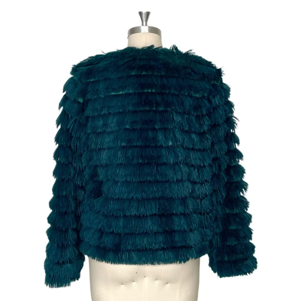 She + Sky Teal Faux Fur Fluffy Layered Jacket Size Medium NWOT